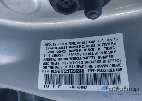 2015 Honda Civic Lx из США, поврежденный, VIN 19XFB2F52FE236586